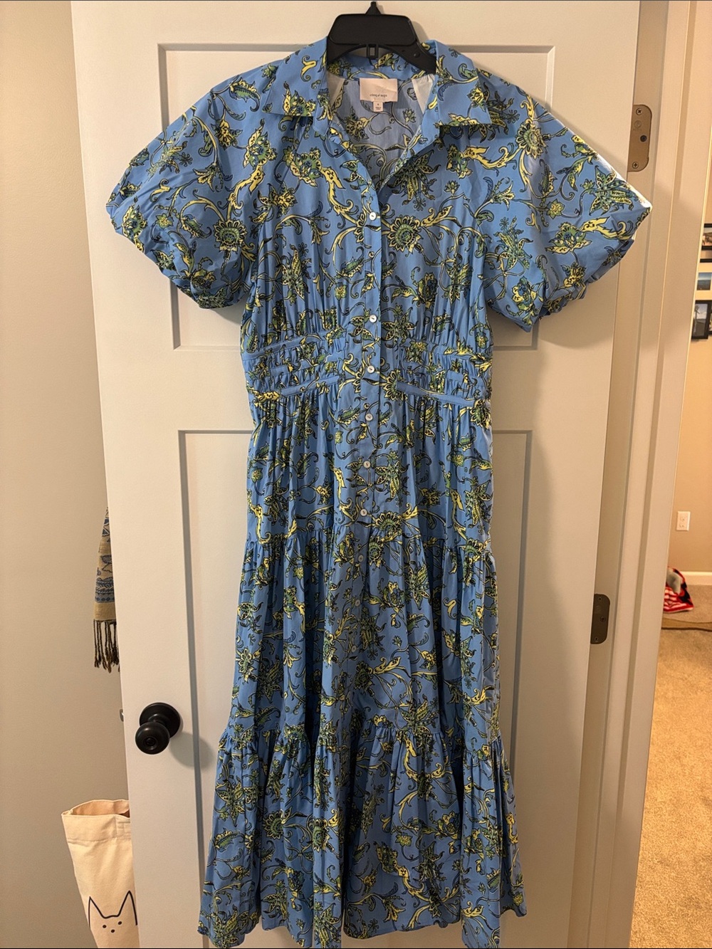 Cinq a Sept Blue Floral Tiered Midi Dress with Yellow and Green Print.